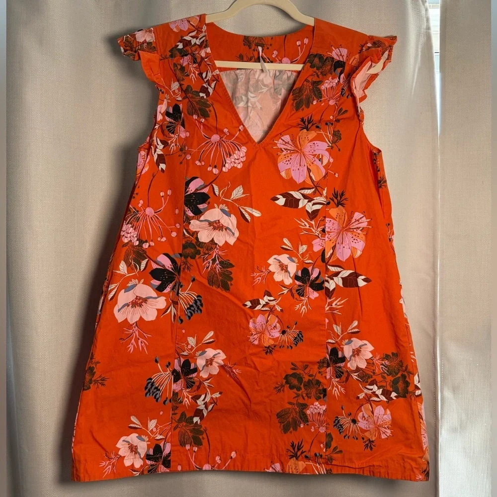 Free People Tropical Floral Orange VNeck A Line Cotton Dress Size Small
